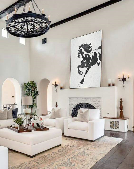 Acrylic Painting Canvas Art,Black And White Minimal Painting On Canvas - Extra Large Artwork